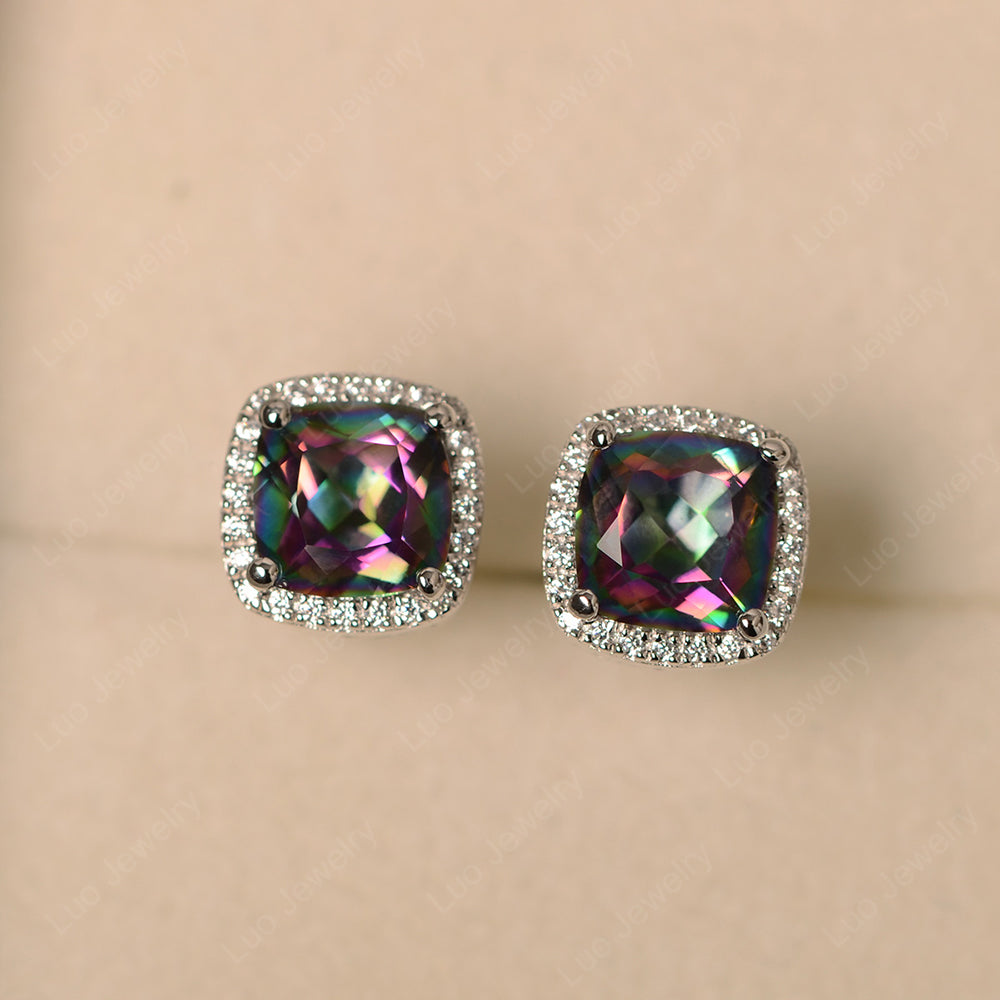 Cushion Cut Mystic Topaz Halo Stud Earrings - LUO Jewelry