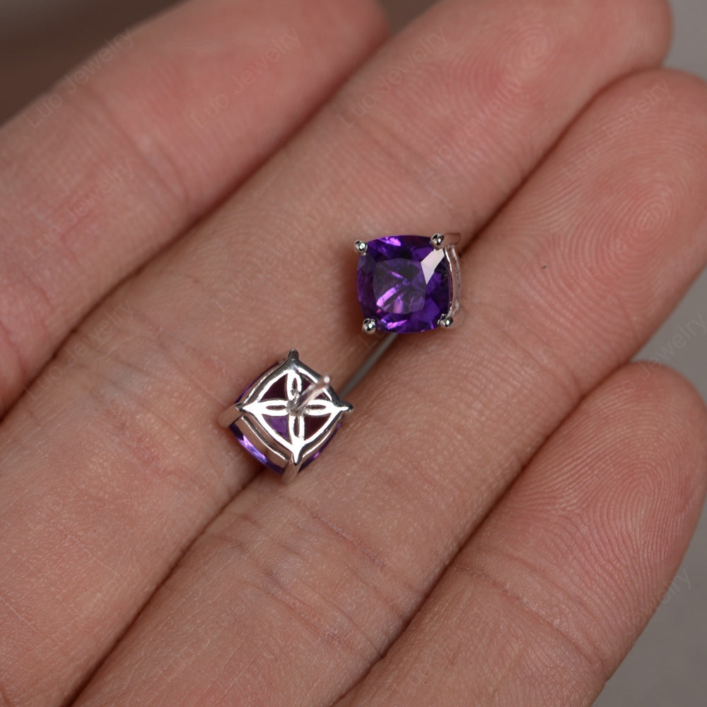 Cushion Cut Amethyst Stud Earrings Silver - LUO Jewelry