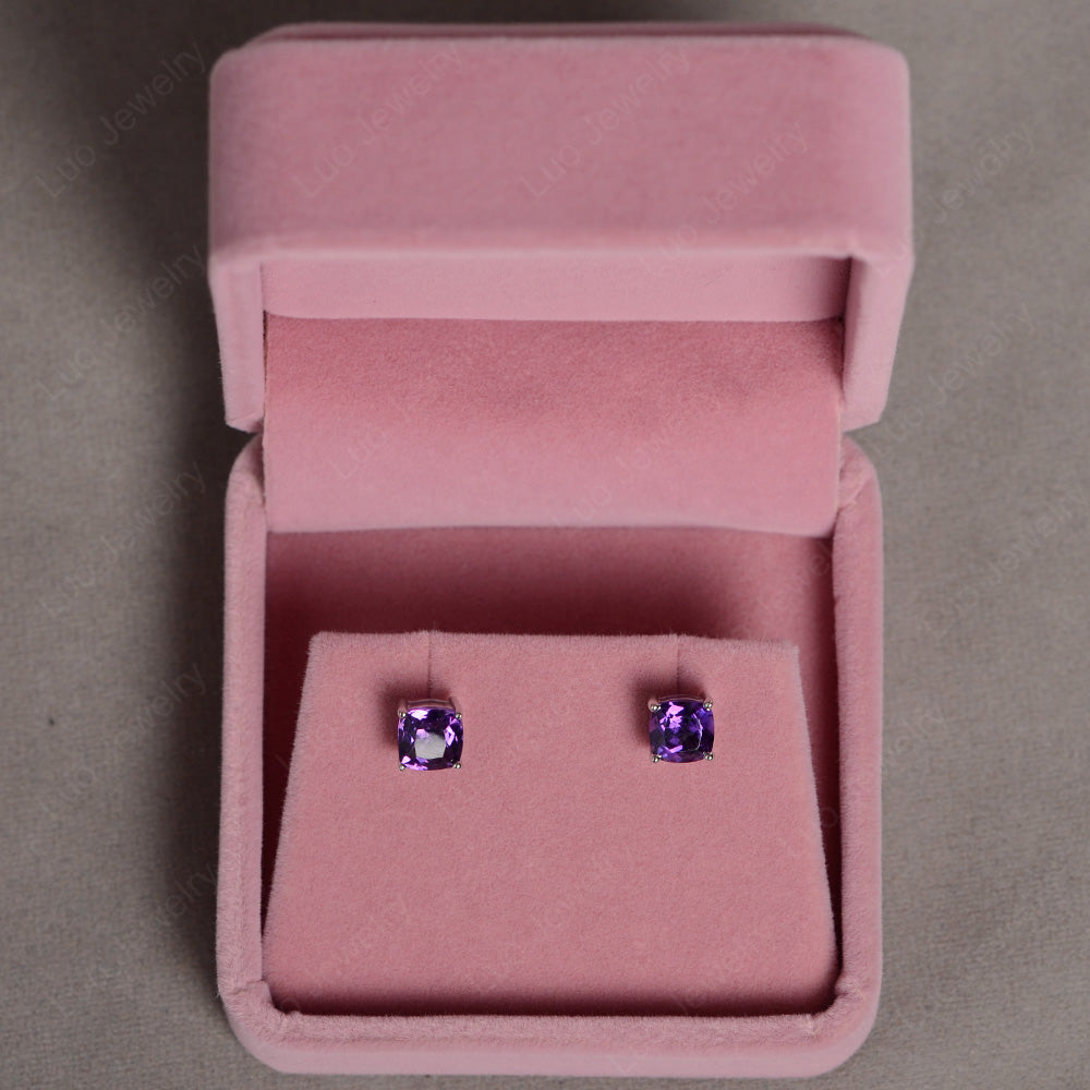 Cushion Cut Amethyst Stud Earrings Silver - LUO Jewelry