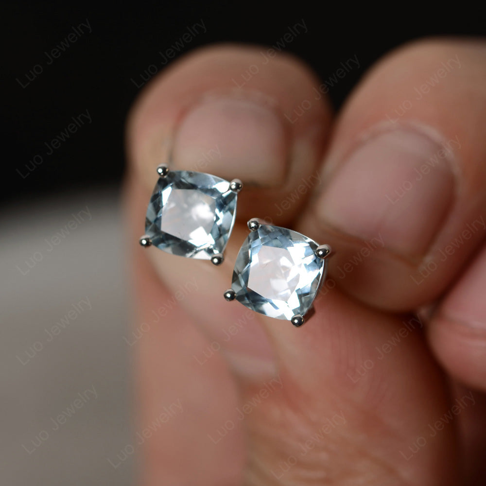 Cushion Cut Aquamarine Stud Earrings Silver - LUO Jewelry