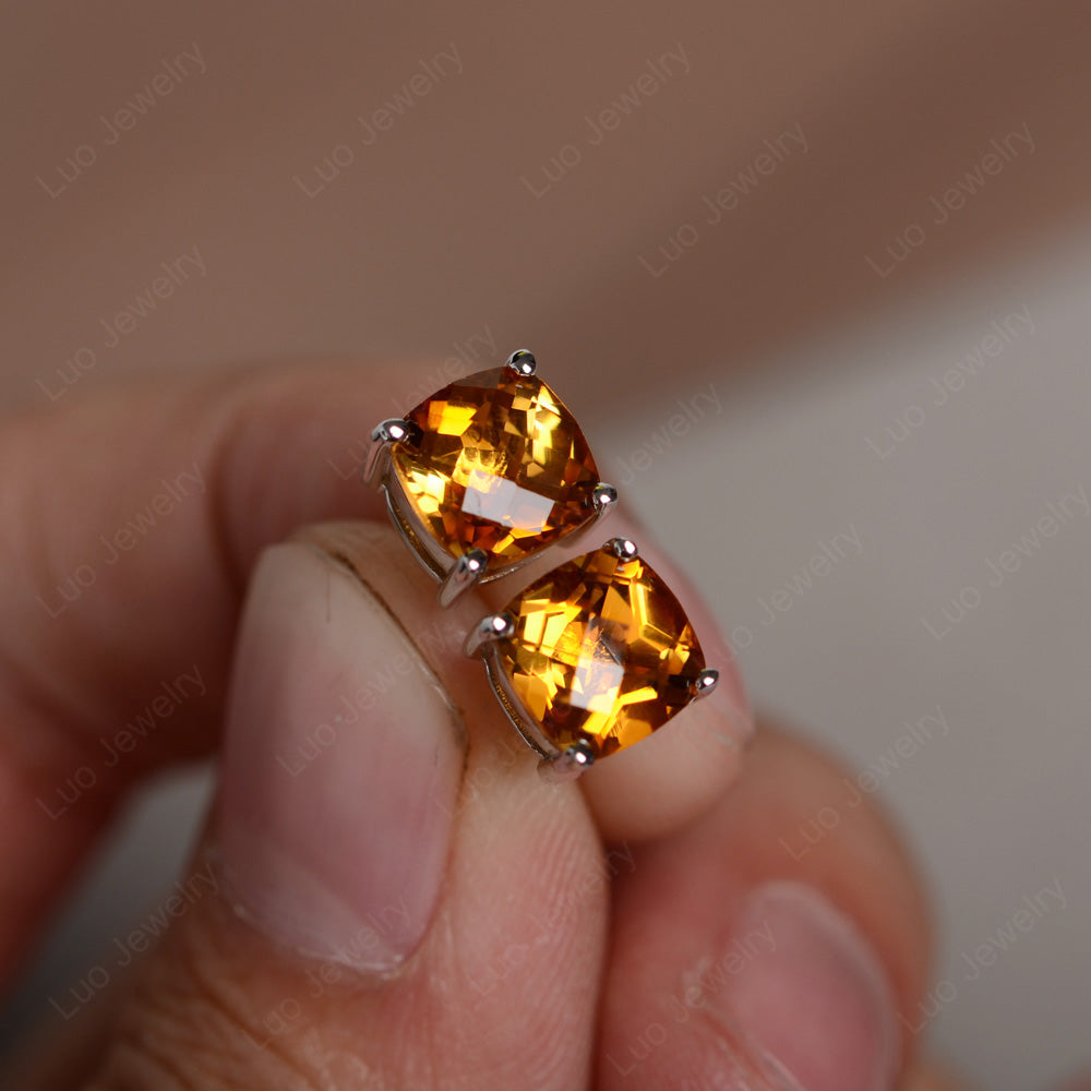 Cushion Cut Citrine Stud Earrings Silver - LUO Jewelry