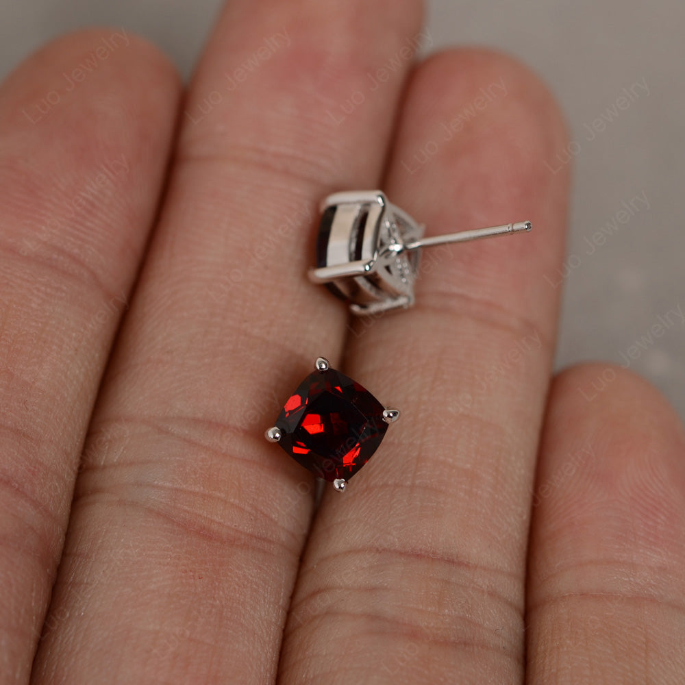 Cushion Cut Garnet Stud Earrings Silver - LUO Jewelry