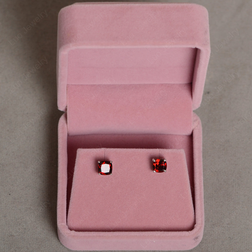 Cushion Cut Garnet Stud Earrings Silver - LUO Jewelry