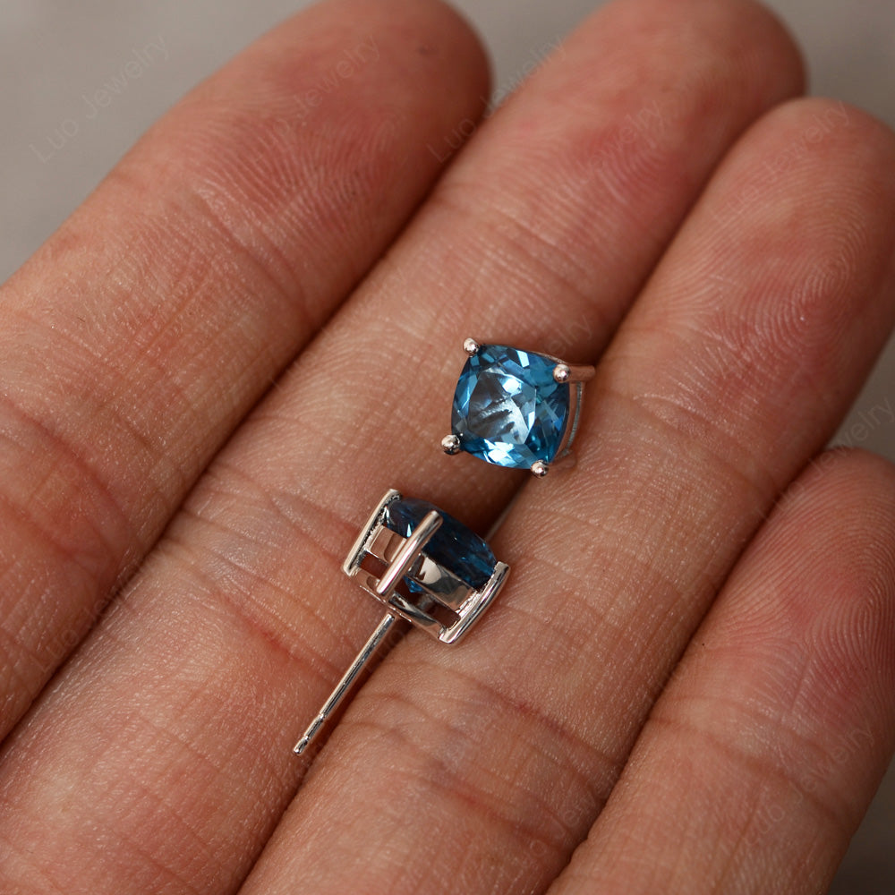 Cushion Cut London Blue Topaz Stud Earrings Silver - LUO Jewelry