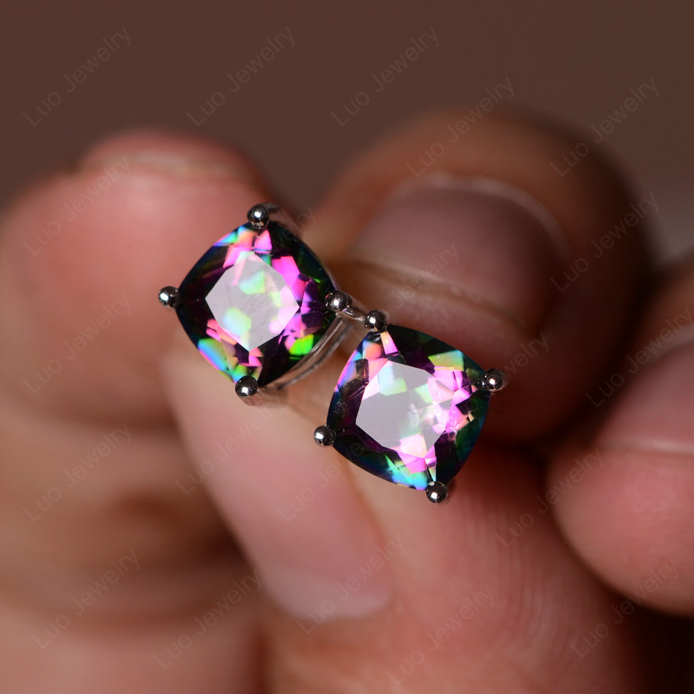 Cushion Cut Mystic Topaz Stud Earrings Silver - LUO Jewelry