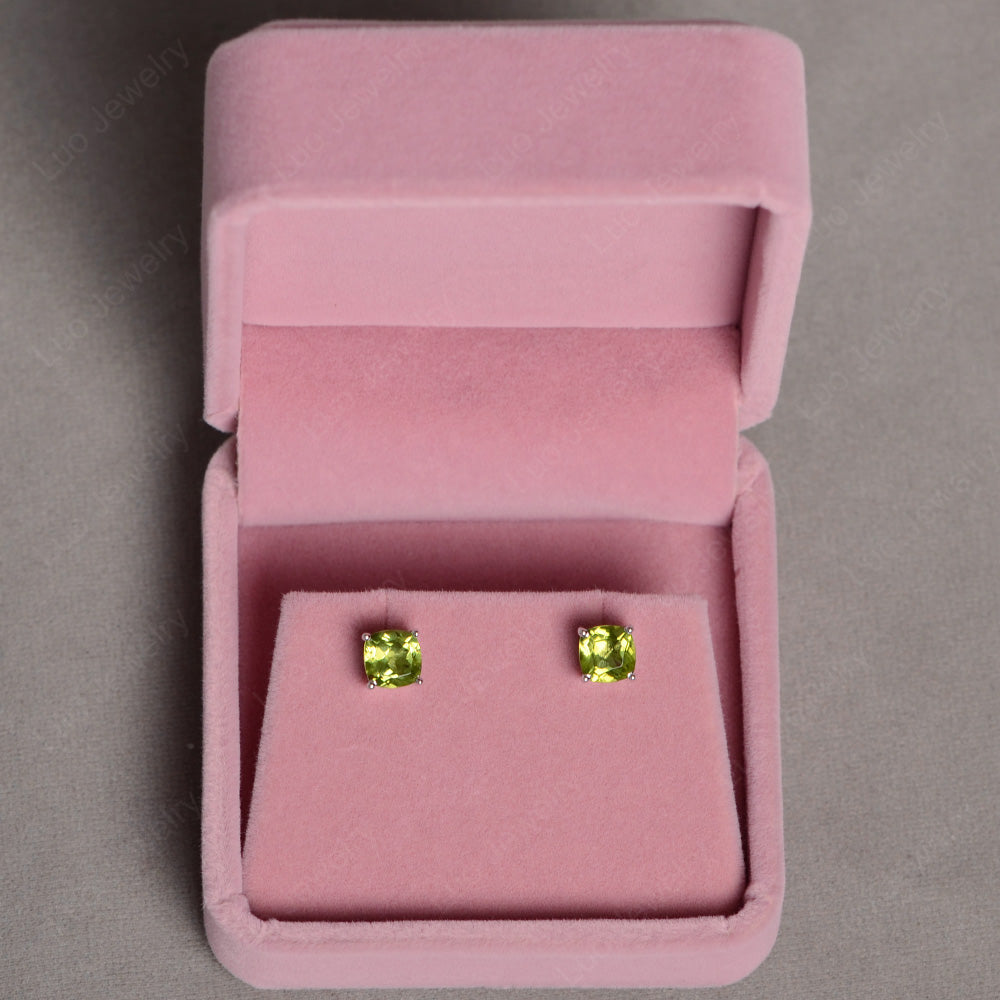 Cushion Cut Peridot Stud Earrings Silver - LUO Jewelry