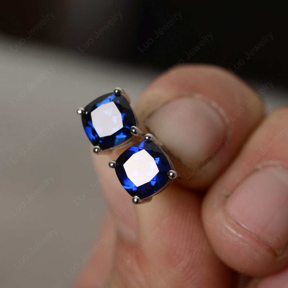 Cushion Cut Lab Sapphire Stud Earrings Silver - LUO Jewelry