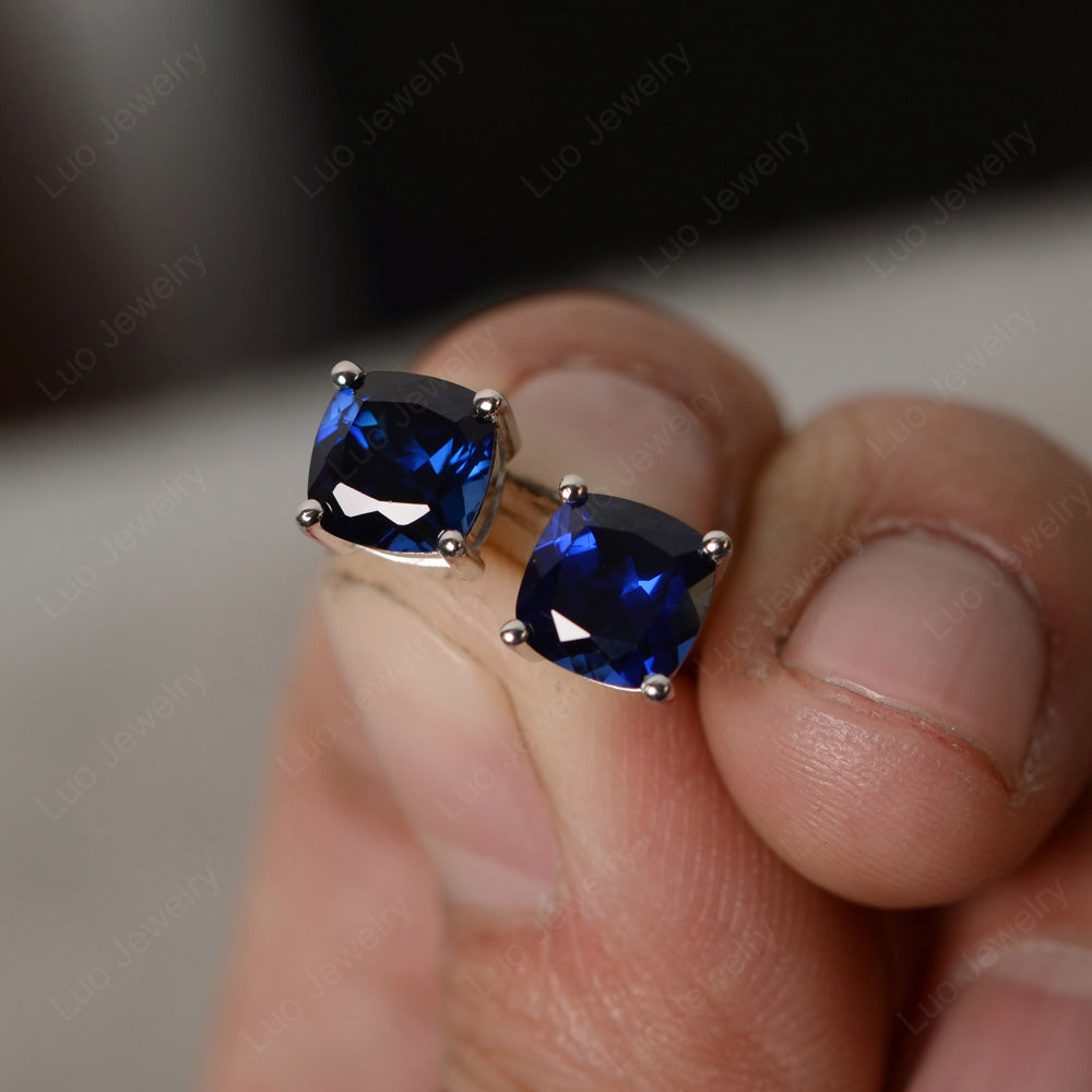 Cushion Cut Lab Sapphire Stud Earrings Silver - LUO Jewelry