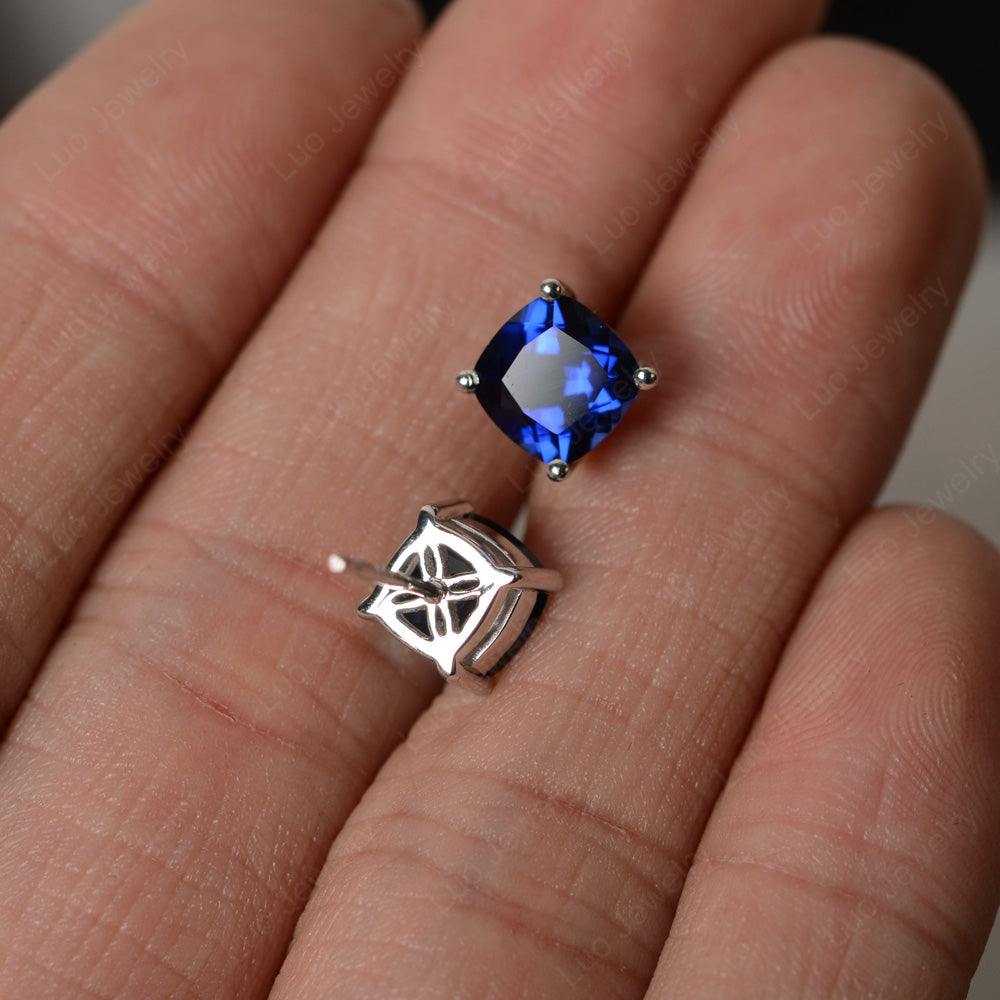 Cushion Cut Lab Sapphire Stud Earrings Silver - LUO Jewelry