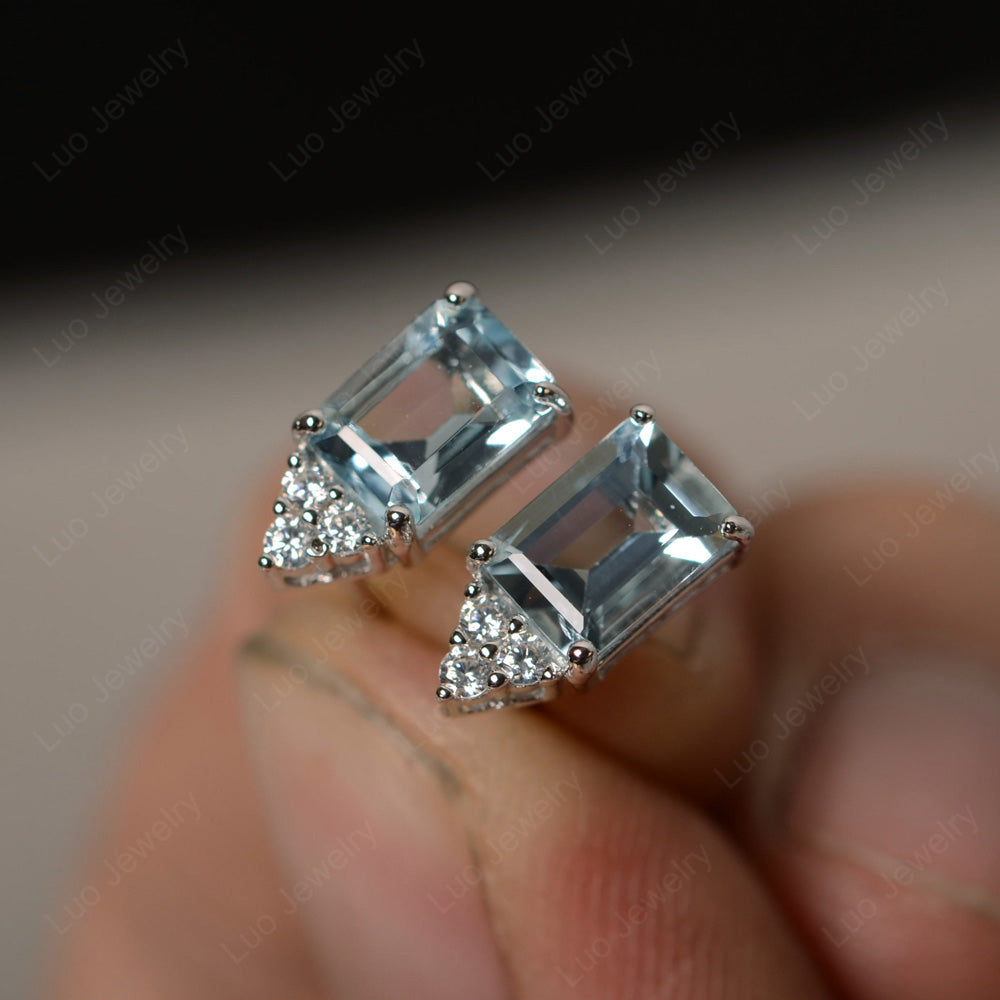 Emerald Cut Aquamarine Stud Earrings Silver - LUO Jewelry