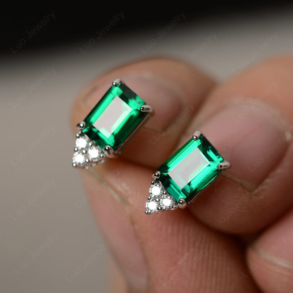 Emerald Cut Lab Emerald Stud Earrings Silver - LUO Jewelry
