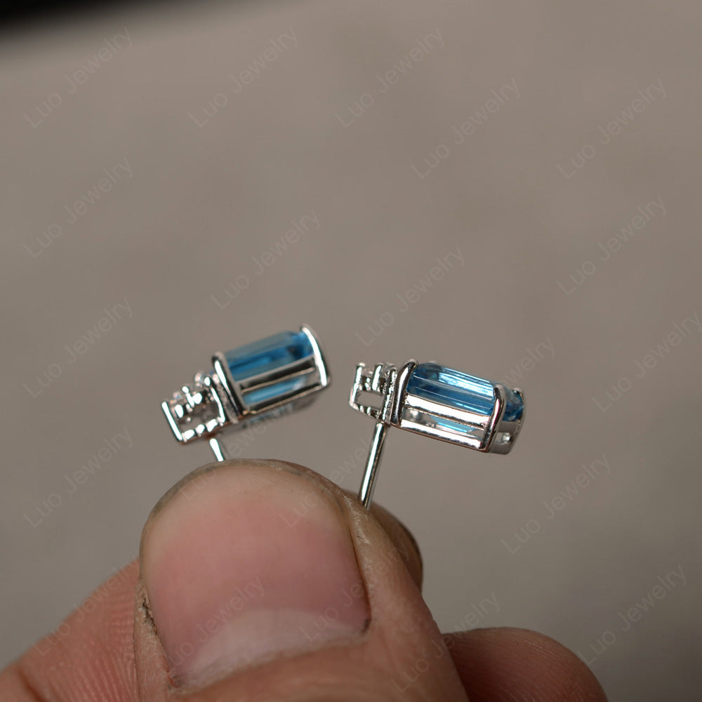 Emerald Cut Swiss Blue Topaz Stud Earrings Silver - LUO Jewelry