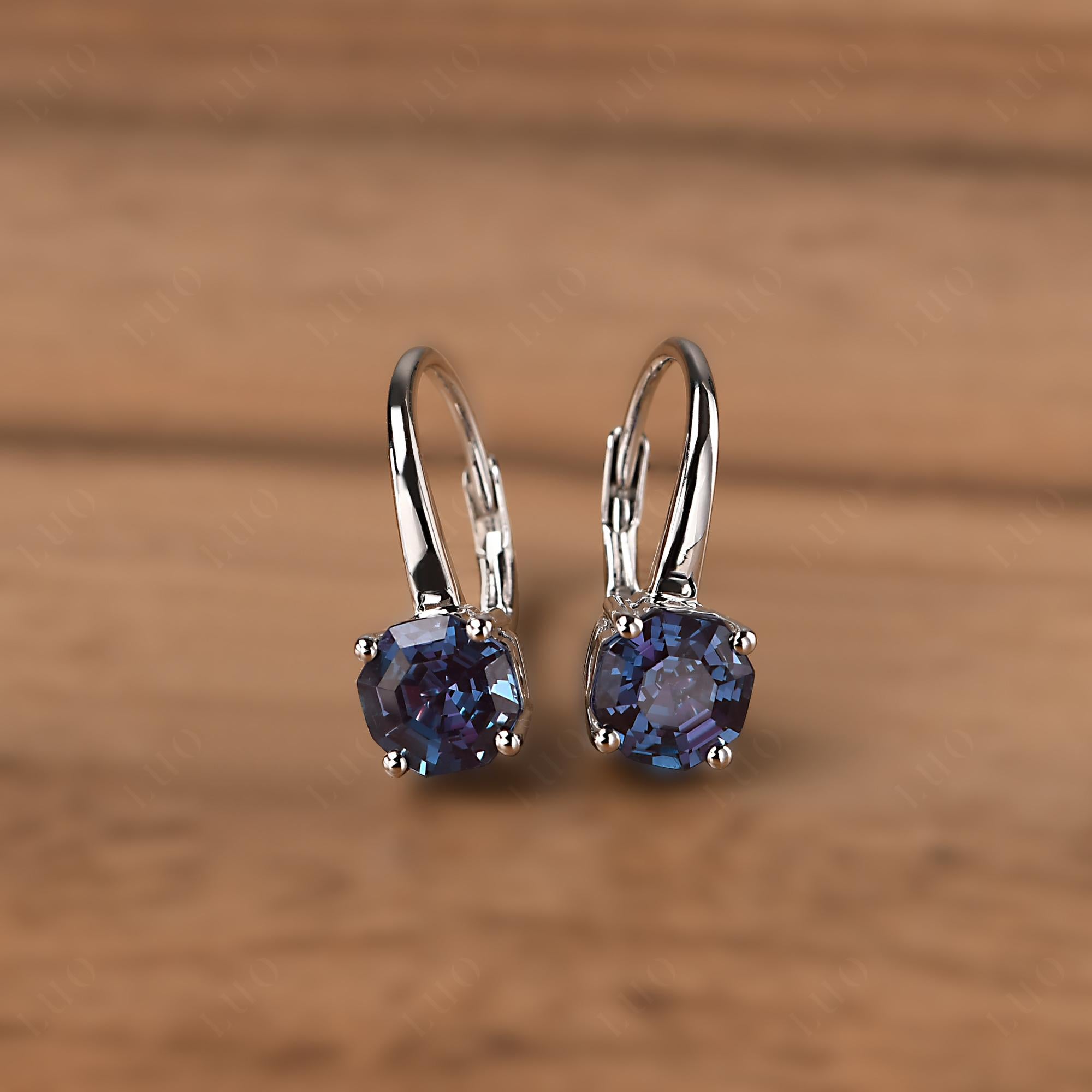 Octagon Cut Lab Grown Alexandrite Leverback Earrings - LUO Jewelry