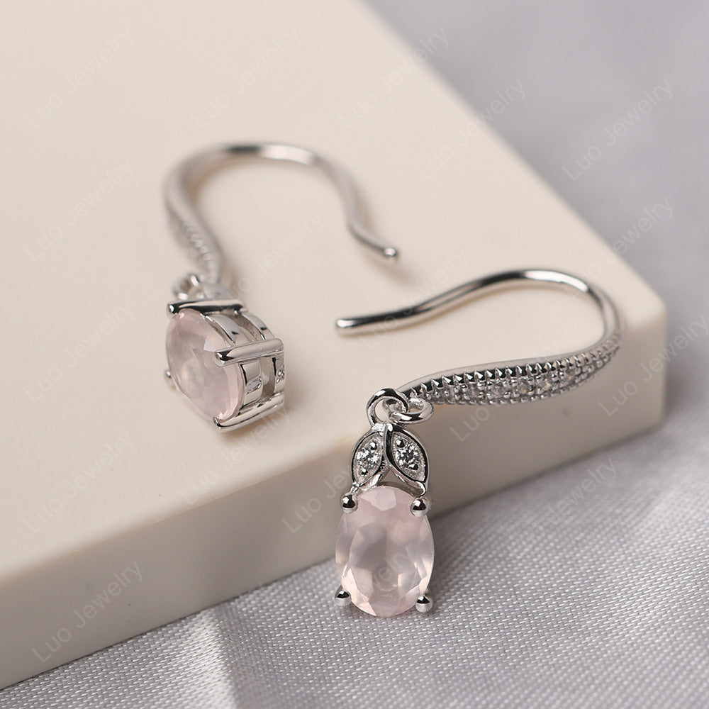 Oval Rose Quartz Dangling Earrings Silver - LUO Jewelry