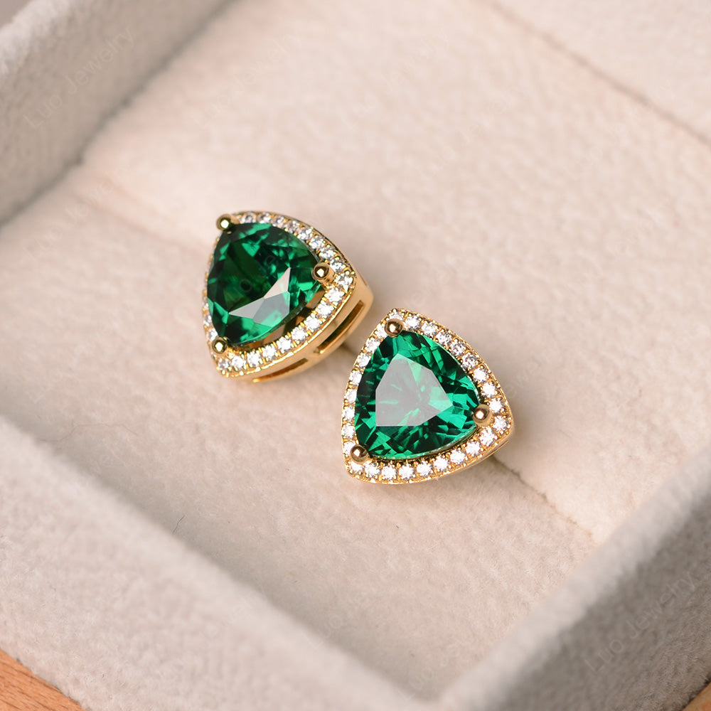 Trillion Cut Lab Emerald Halo Earrings Stud - LUO Jewelry