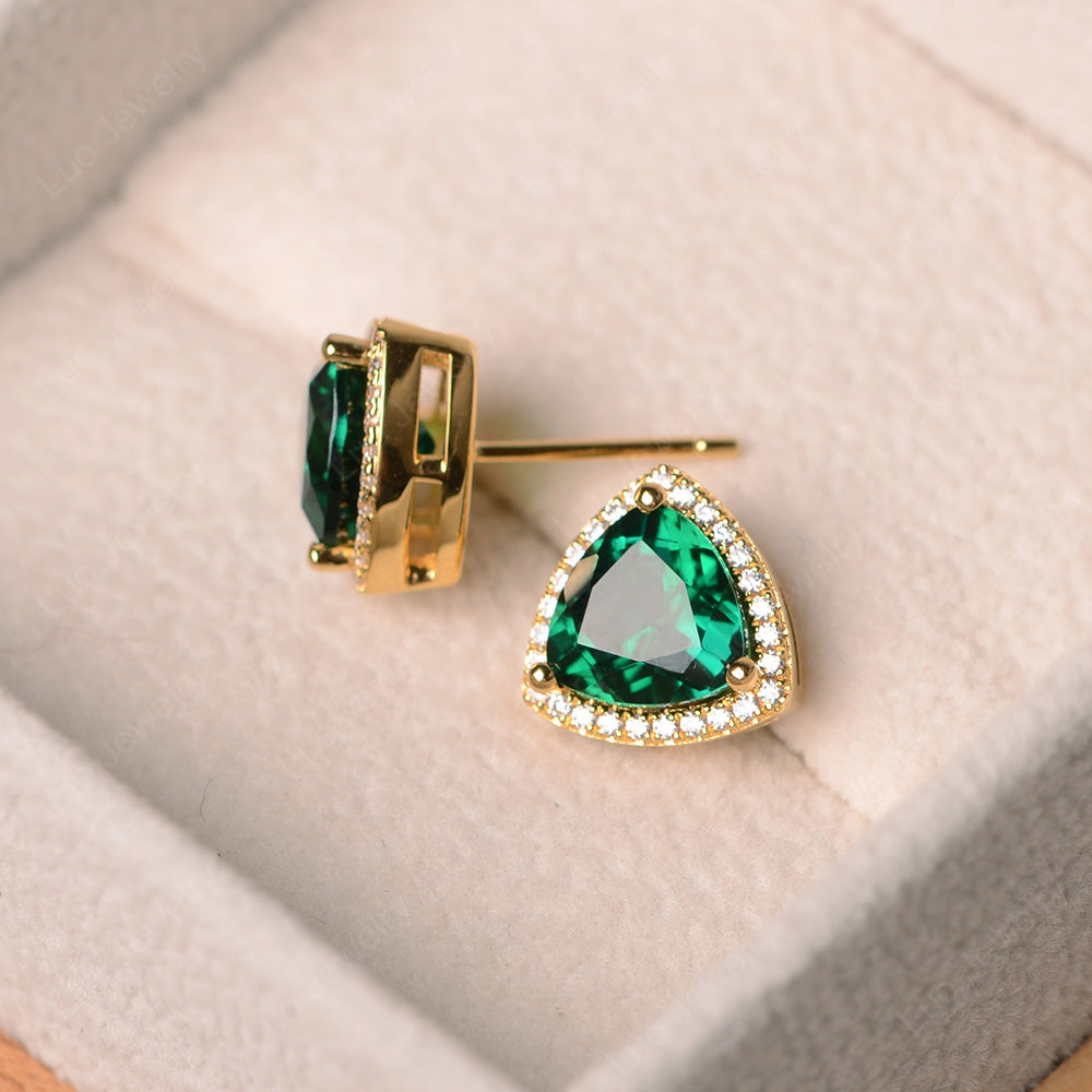 Trillion Cut Lab Emerald Halo Earrings Stud - LUO Jewelry