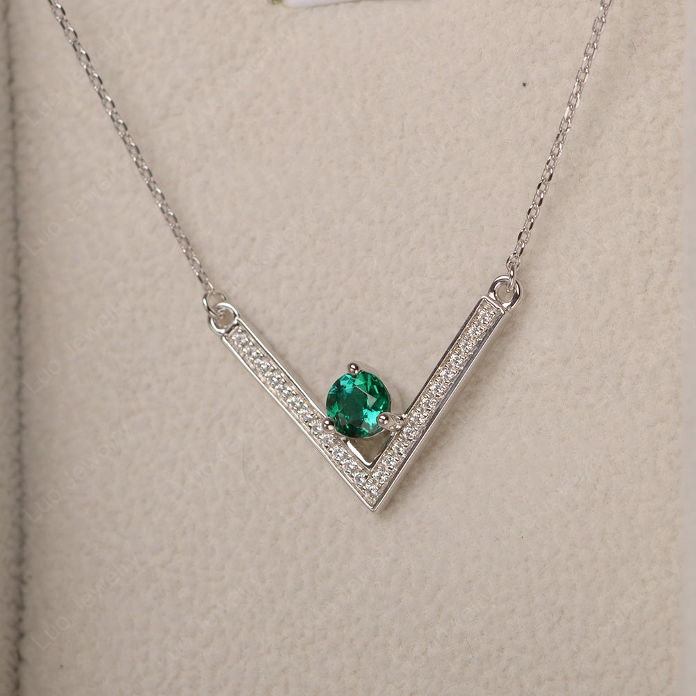 V Shaped Lab Emerald Necklace Sterling Silver - LUO Jewelry