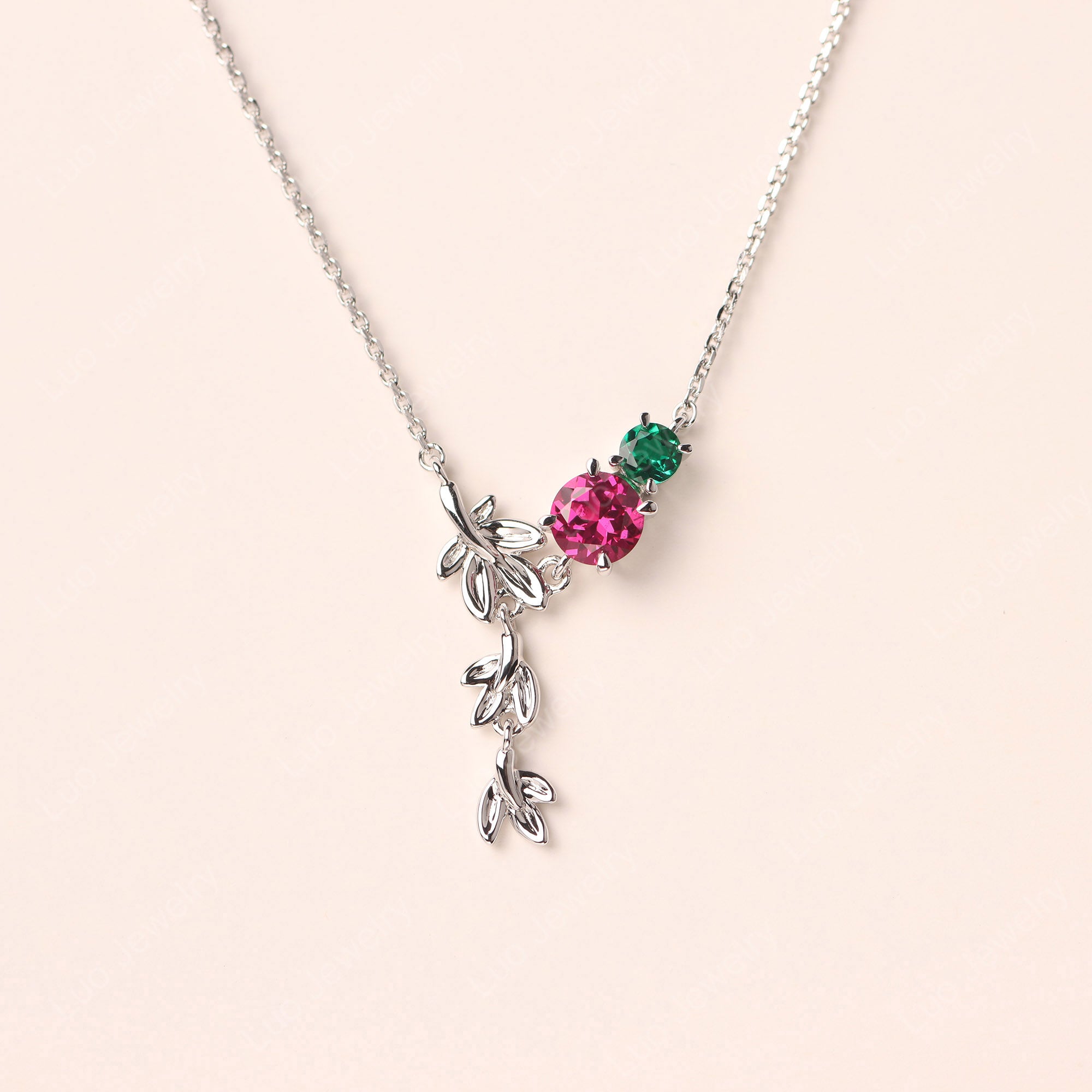 Lab Ruby and Lab Emerald Leaf Necklace