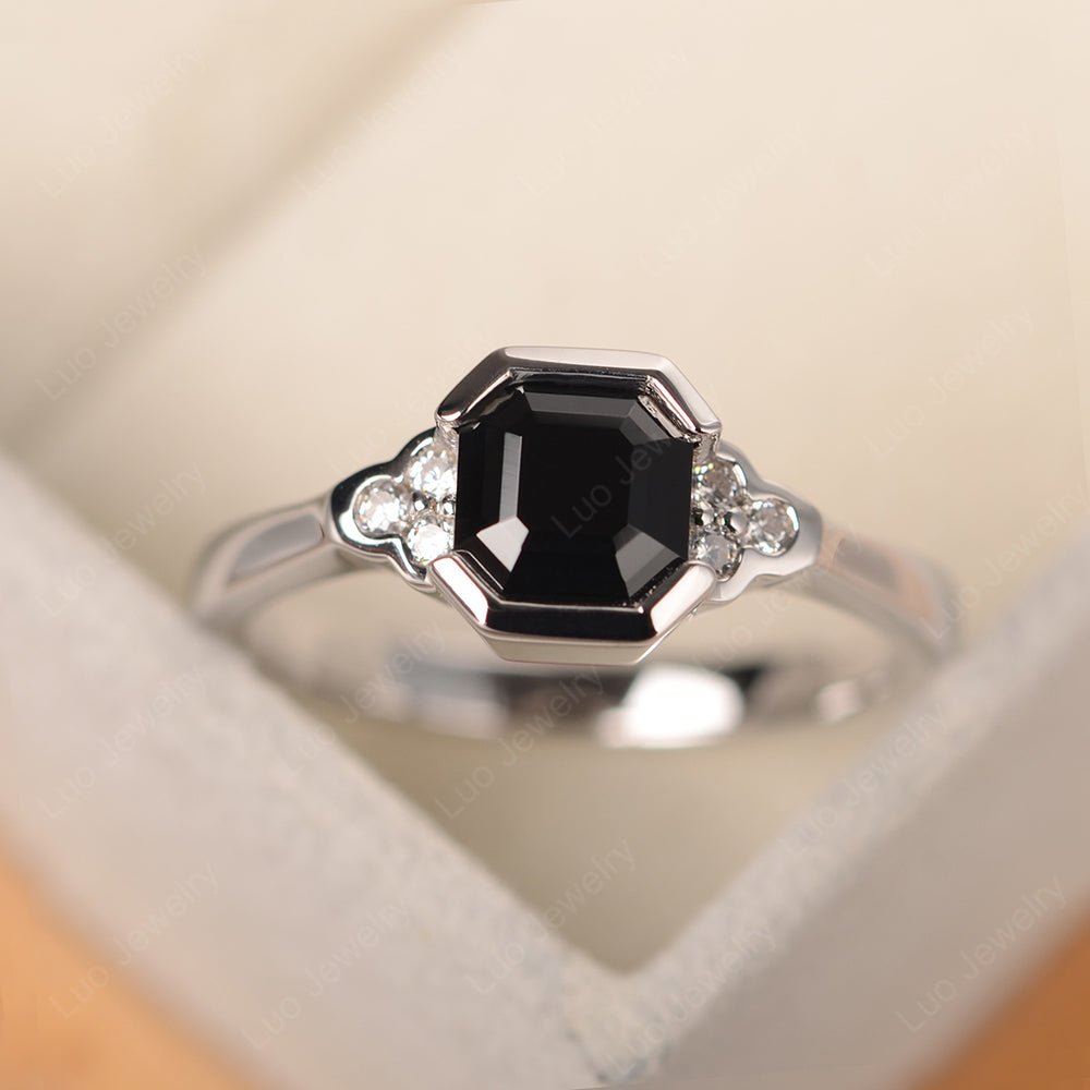 Vintage Asscher Cut Black Spinel Ring White Gold - LUO Jewelry