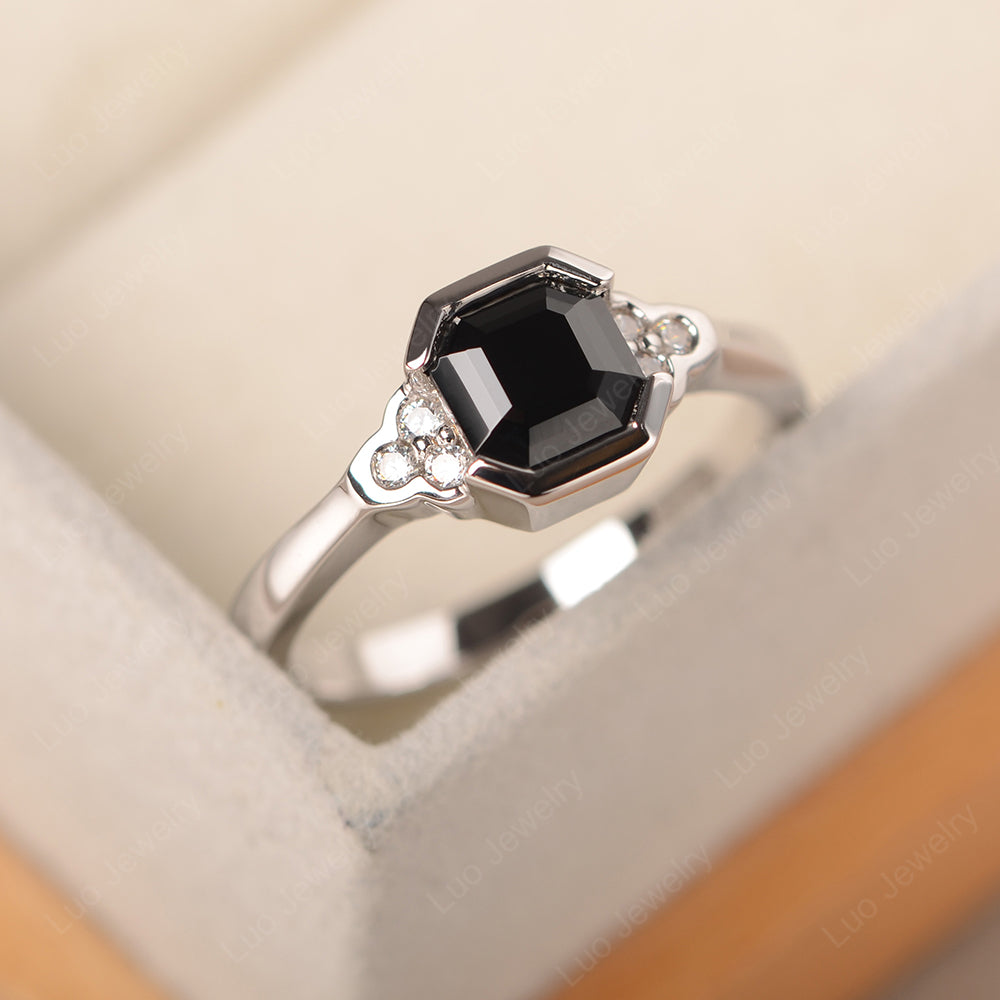 Vintage Asscher Cut Black Spinel Ring White Gold - LUO Jewelry