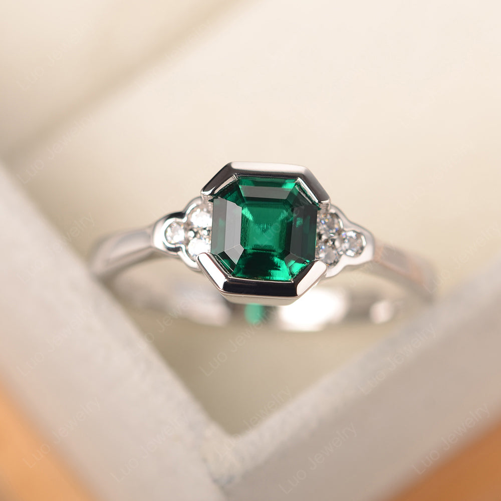 Vintage Asscher Cut Lab Emerald Ring White Gold - LUO Jewelry