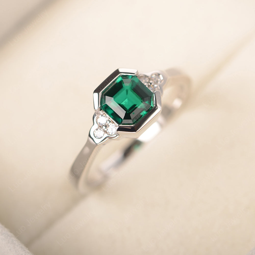 Vintage Asscher Cut Lab Emerald Ring White Gold - LUO Jewelry