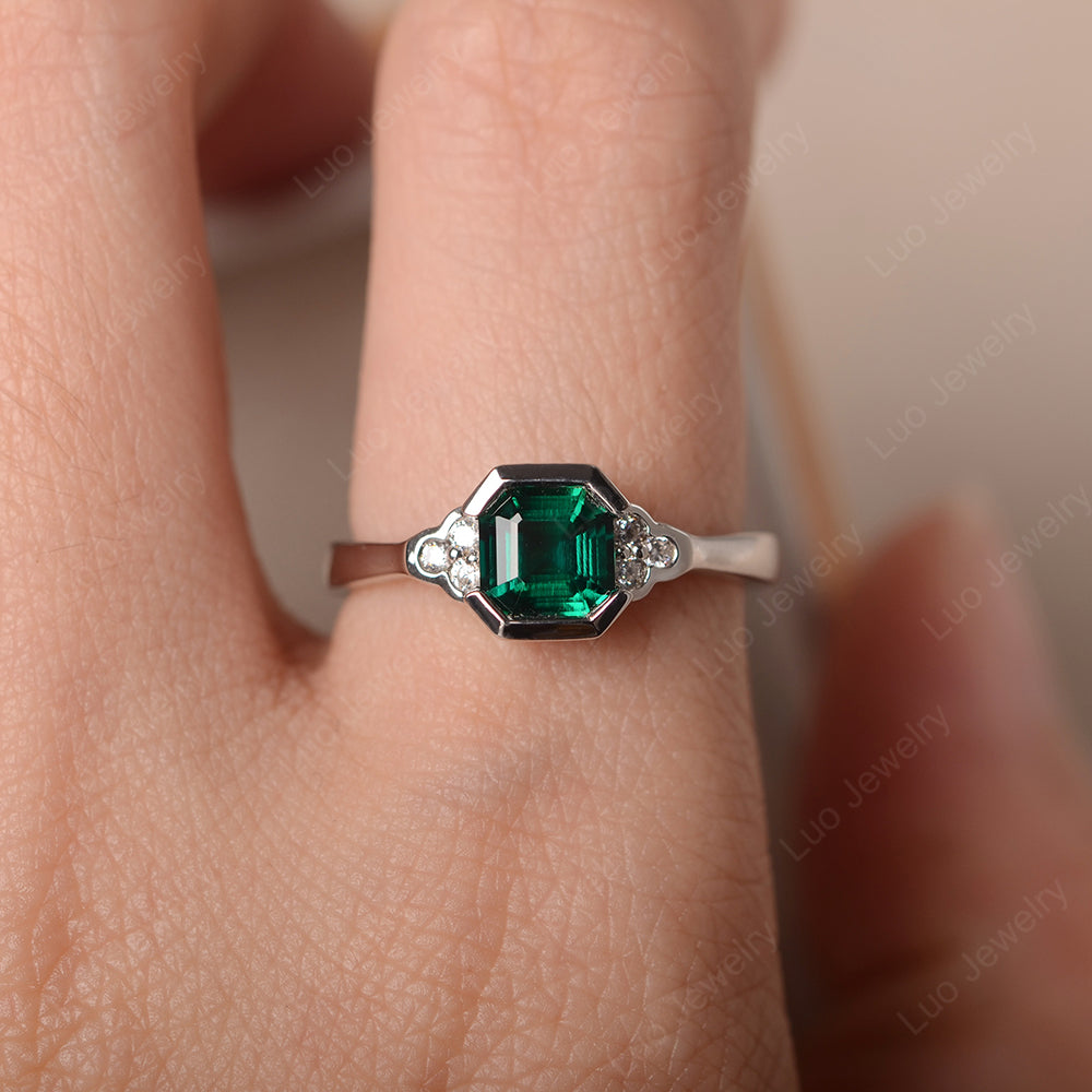Vintage Asscher Cut Lab Emerald Ring White Gold - LUO Jewelry