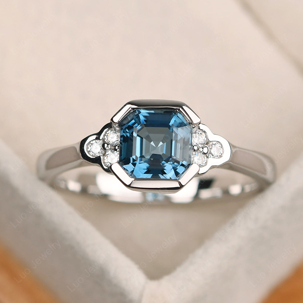 Vintage Asscher Cut London Blue Topaz Ring White Gold - LUO Jewelry