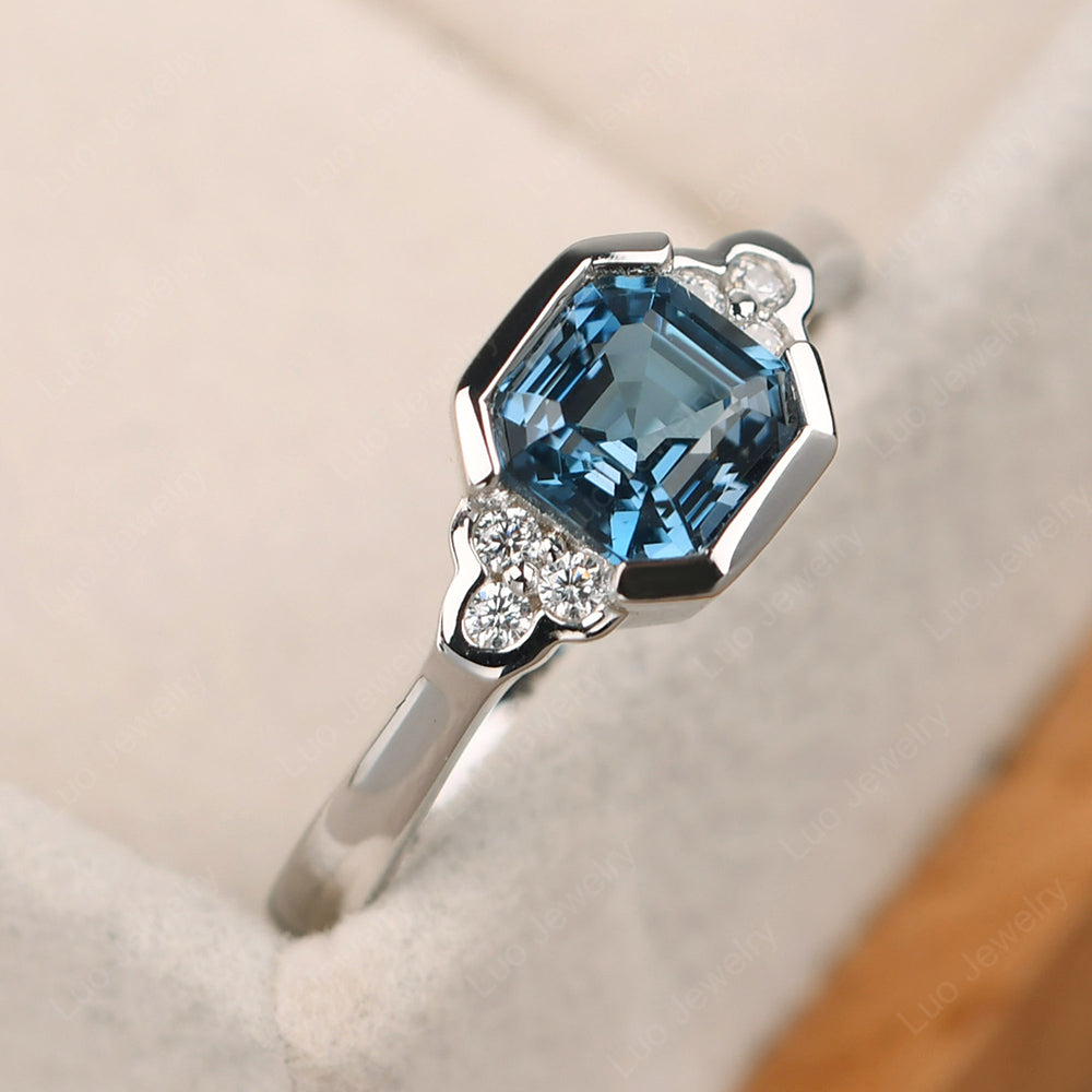 Vintage Asscher Cut London Blue Topaz Ring White Gold - LUO Jewelry