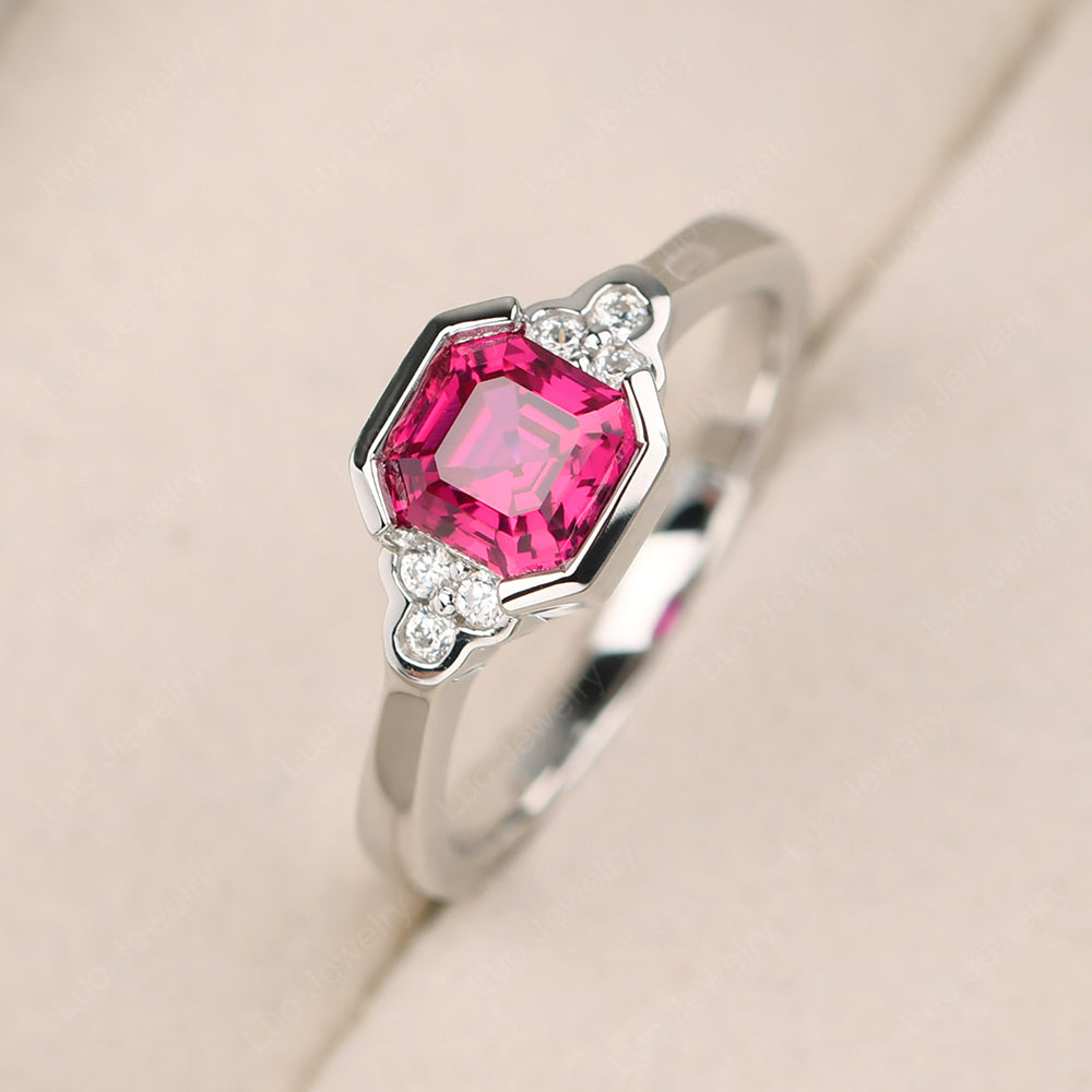 Vintage Asscher Cut Ruby Ring White Gold - LUO Jewelry