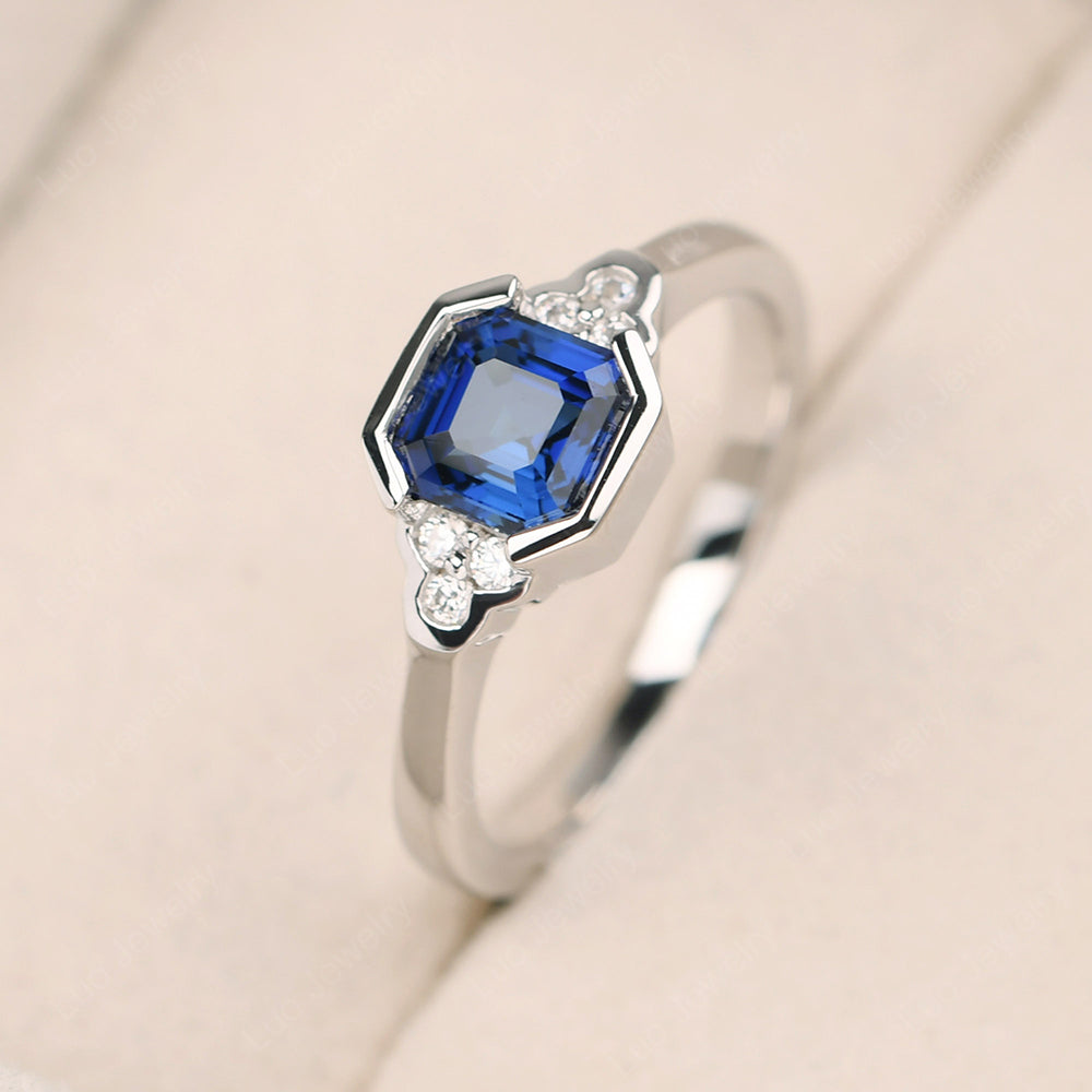 Vintage Asscher Cut Lab Sapphire Ring White Gold - LUO Jewelry