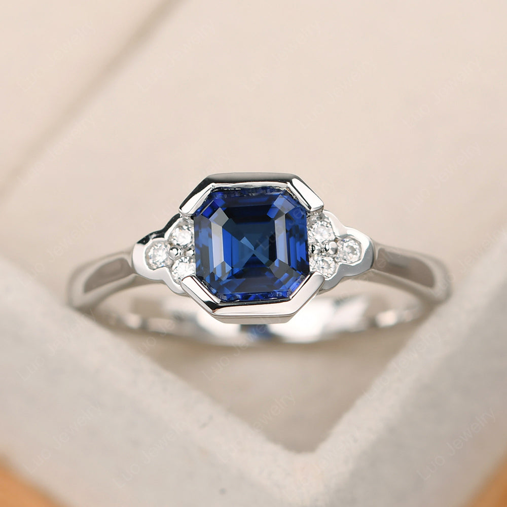 Vintage Asscher Cut Lab Sapphire Ring White Gold - LUO Jewelry