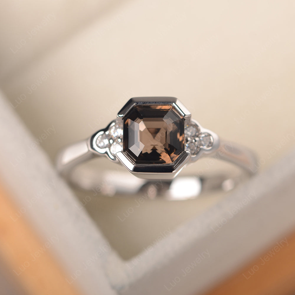 Vintage Asscher Cut Smoky Quartz  Ring White Gold - LUO Jewelry