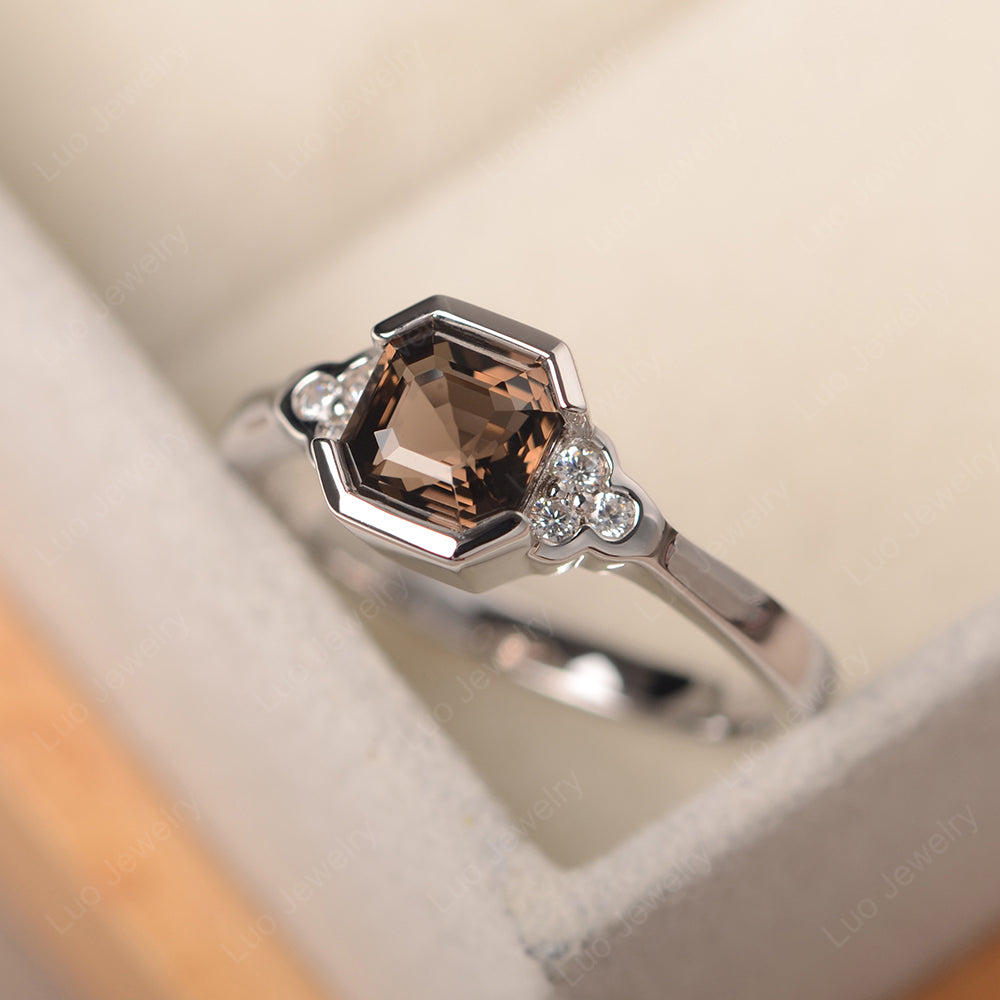 Vintage Asscher Cut Smoky Quartz  Ring White Gold - LUO Jewelry