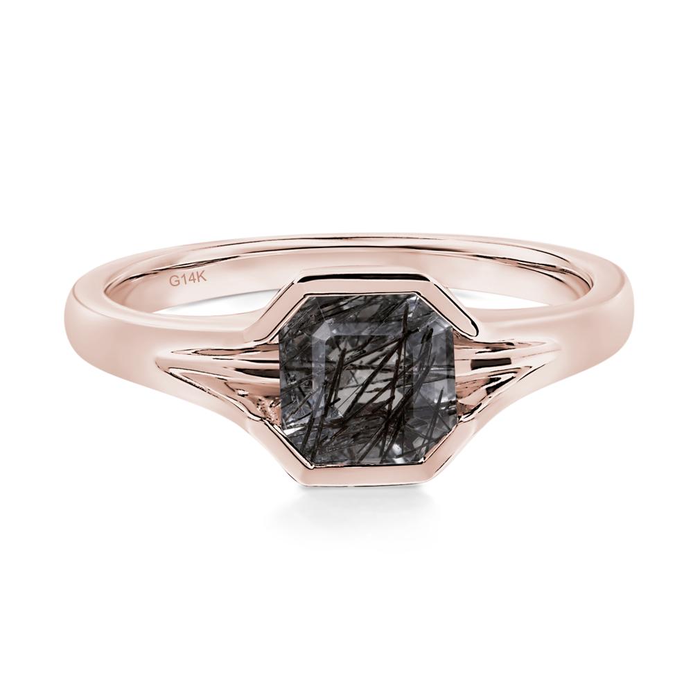 Asscher Cut Black Rutilated Quartz Solitaire Promise Ring - LUO Jewelry #metal_14k rose gold