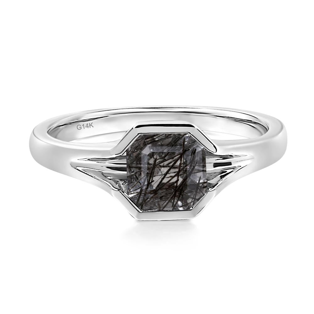 Asscher Cut Black Rutilated Quartz Solitaire Promise Ring - LUO Jewelry #metal_14k white gold