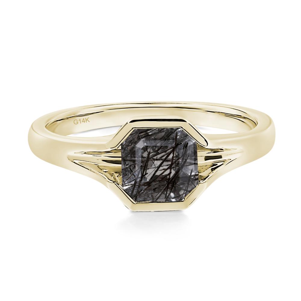 Asscher Cut Black Rutilated Quartz Solitaire Promise Ring - LUO Jewelry #metal_14k yellow gold