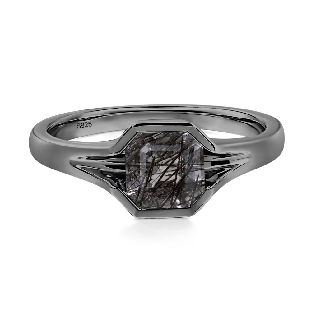 Asscher Cut Black Rutilated Quartz Solitaire Promise Ring - LUO Jewelry #metal_black finish sterling silver