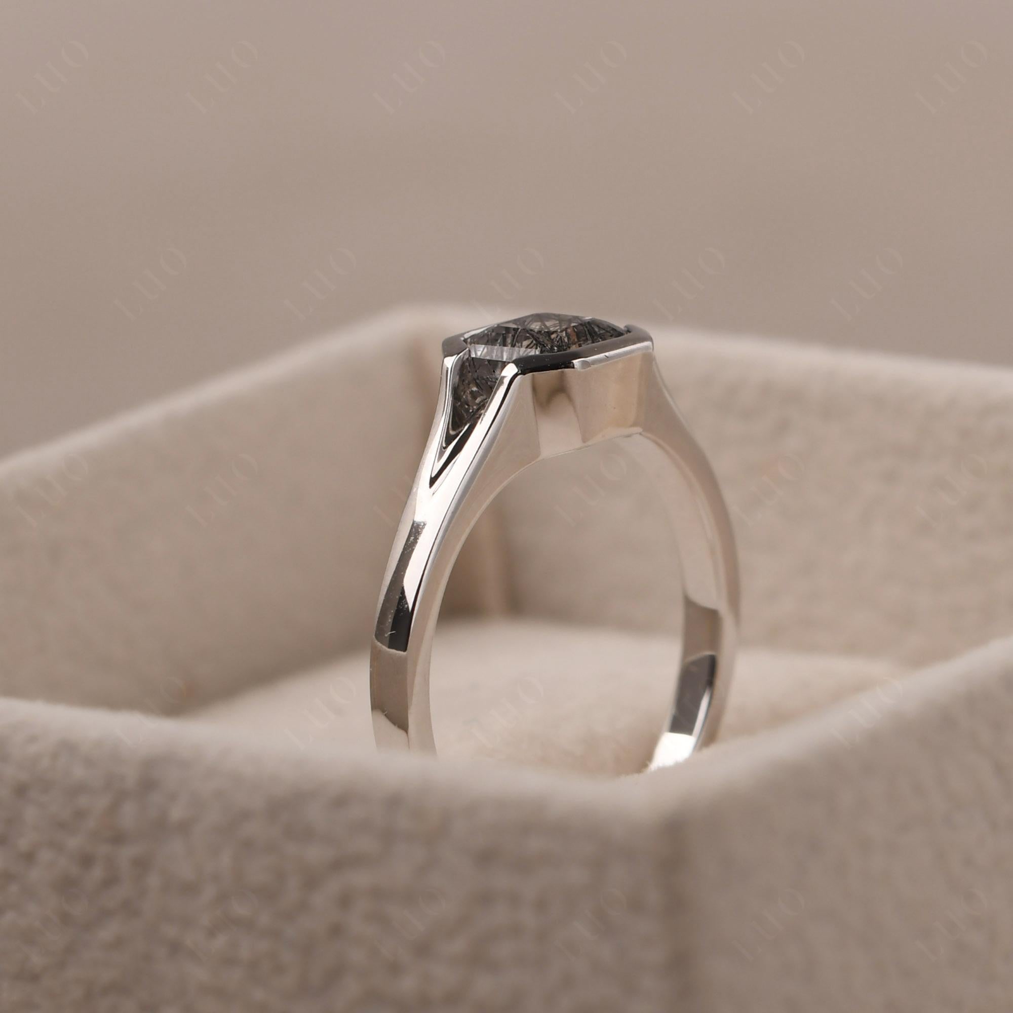 Asscher Cut Black Rutilated Quartz Solitaire Promise Ring - LUO Jewelry