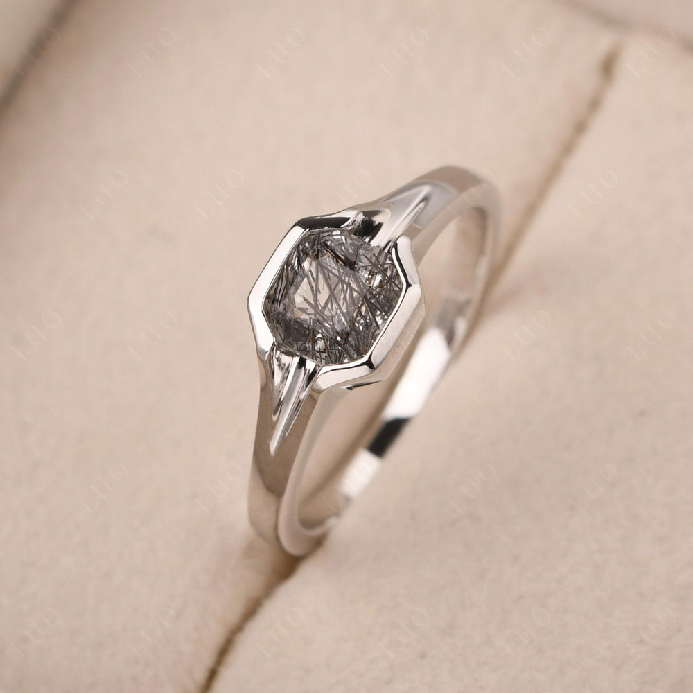 Asscher Cut Black Rutilated Quartz Solitaire Engagement Ring - LUO Jewelry