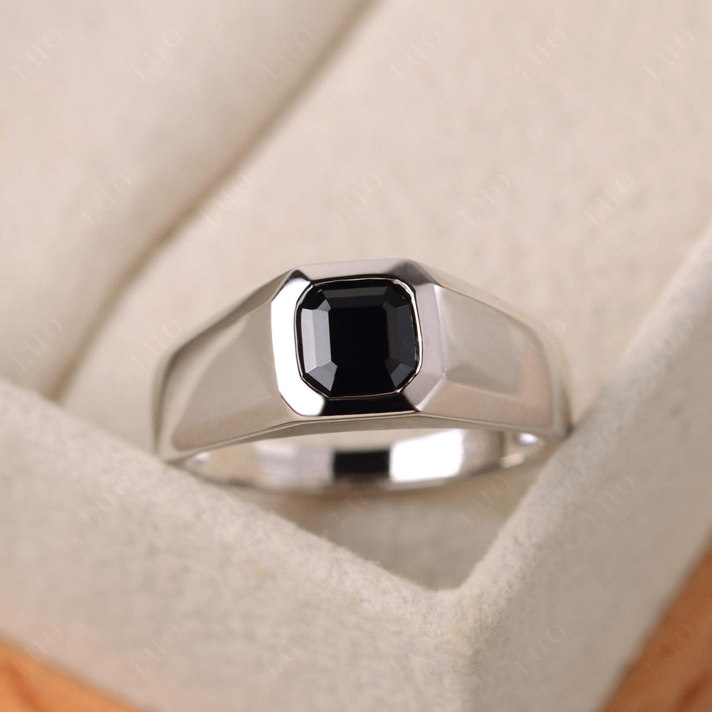 Asscher Cut Mens Black Spinel Ring White Gold - LUO Jewelry