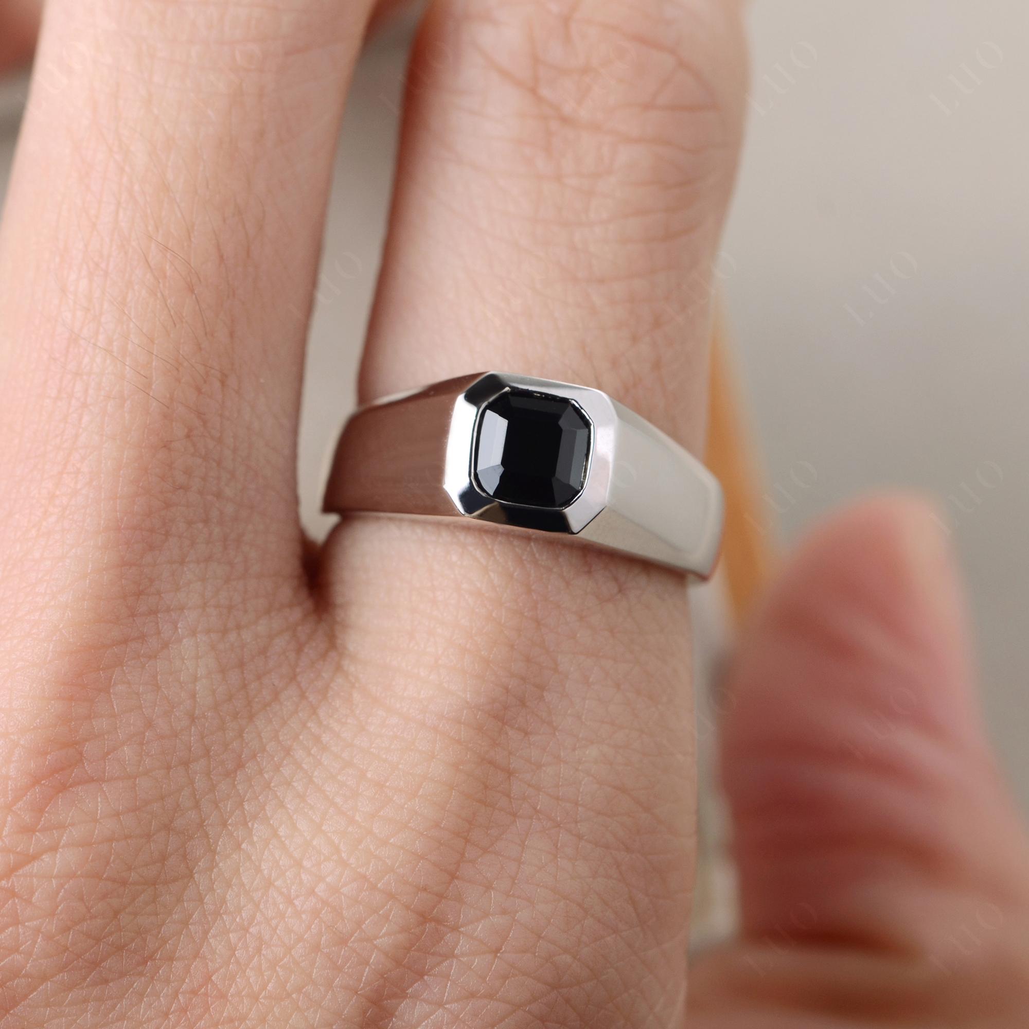 Wide Band Asscher Cut Black Spinel Ring - LUO Jewelry