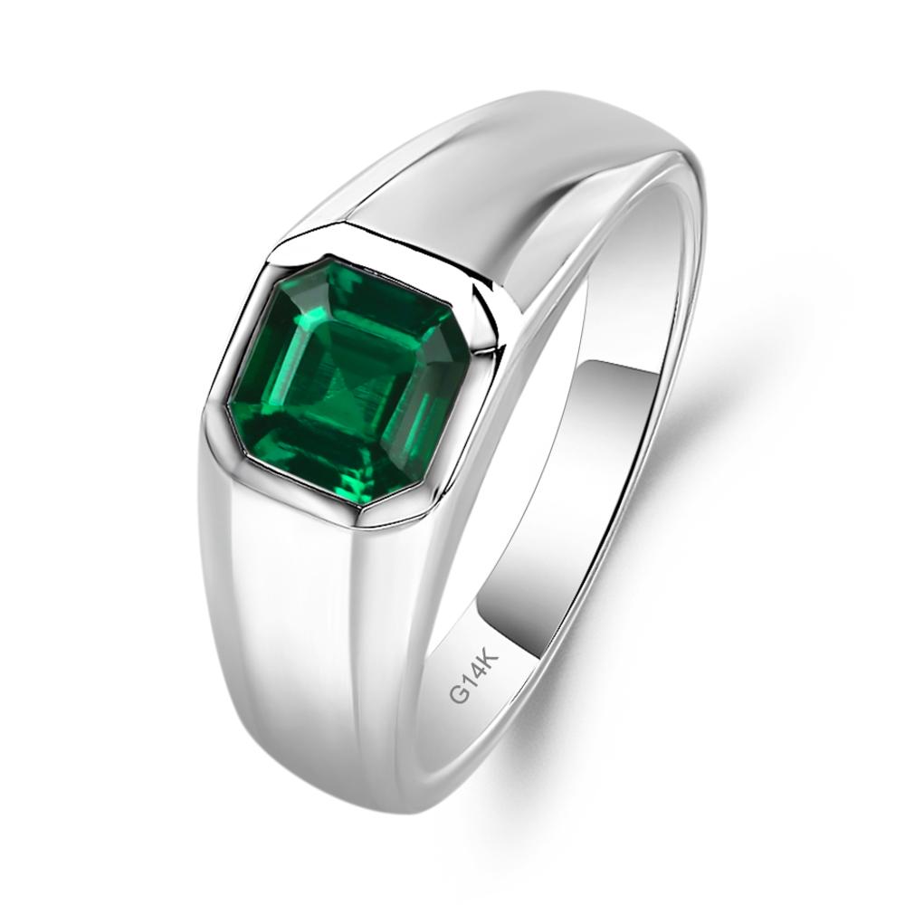 Asscher Cut Mens Lab Emerald Ring - LUO Jewelry #metal_14k white gold