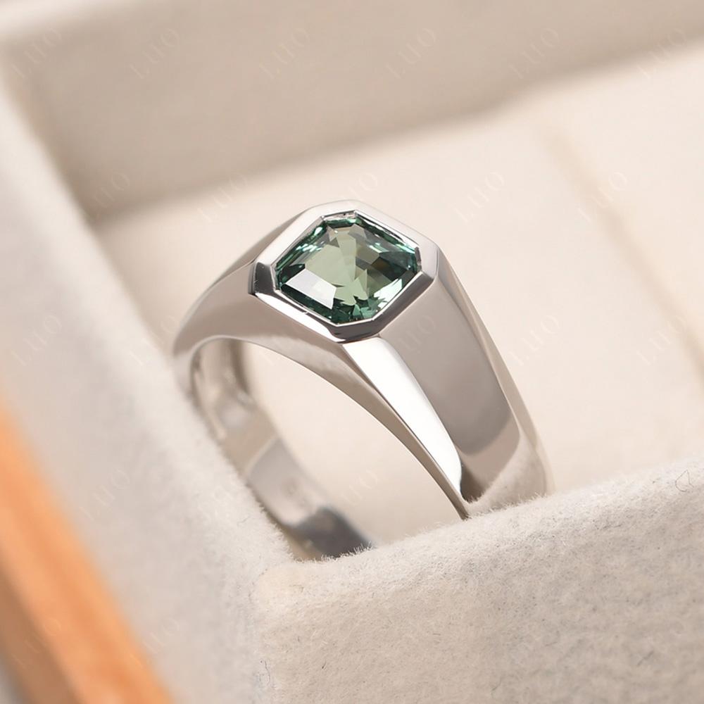 Wide Band Asscher Cut Lab Grown Green Sapphire Ring - LUO Jewelry