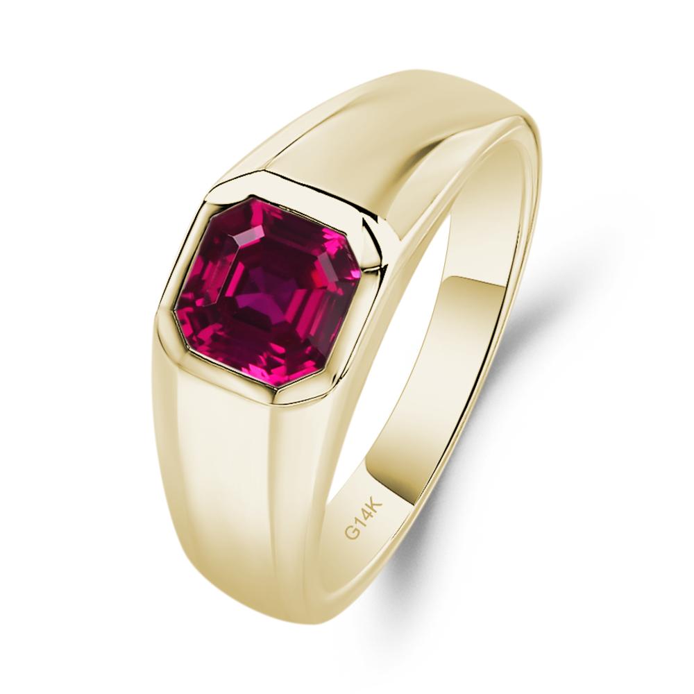 Asscher Cut Mens Lab Ruby Ring - LUO Jewelry #metal_14k yellow gold