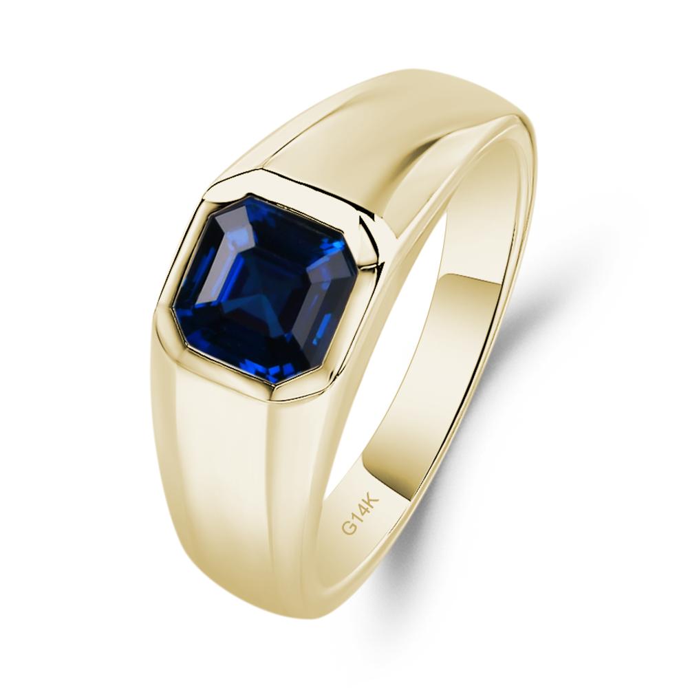 Asscher Cut Mens Lab Sapphire Ring - LUO Jewelry #metal_14k yellow gold