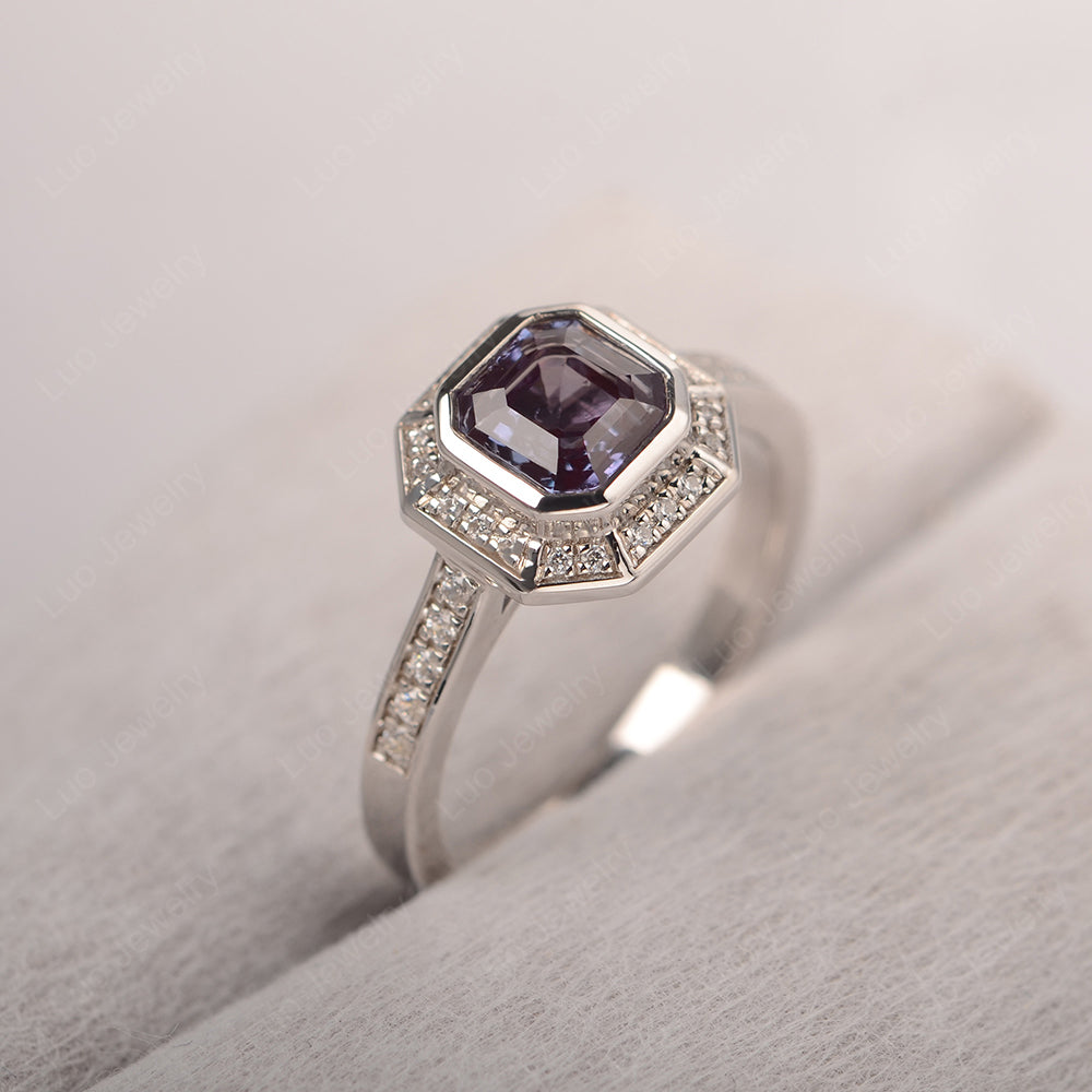 Asscher Cut Alexandrite Bezel Set Halo Engagement Ring - LUO Jewelry