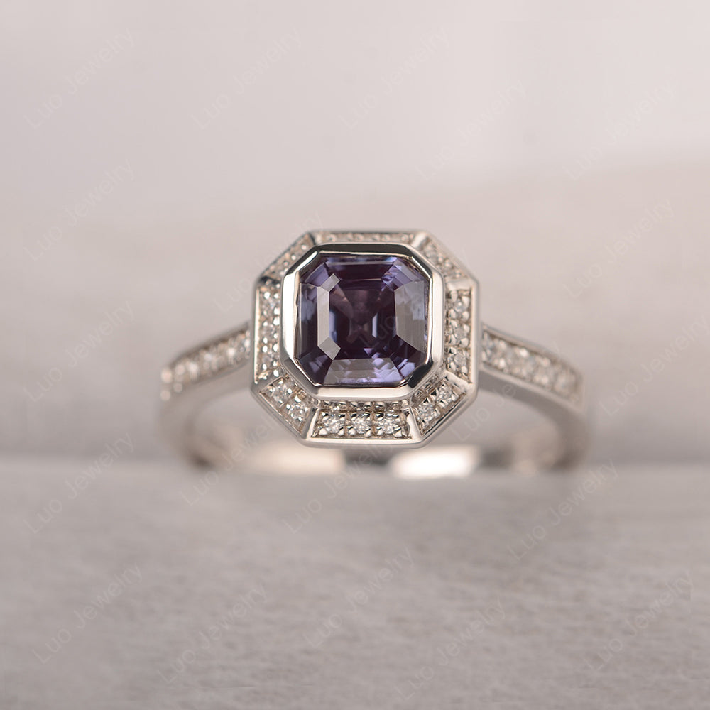 Asscher Cut Alexandrite Bezel Set Halo Engagement Ring - LUO Jewelry