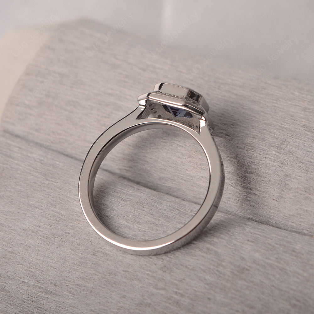 Asscher Cut Alexandrite Bezel Set Halo Engagement Ring - LUO Jewelry