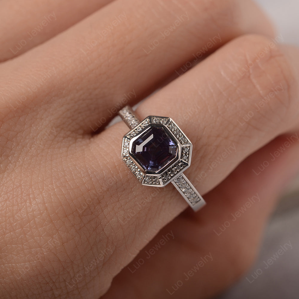 Asscher Cut Alexandrite Bezel Set Halo Engagement Ring - LUO Jewelry